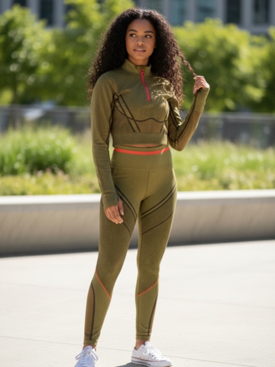 Fabletics Other - Fabletics 2-Piece Seamless Athleisure Set Olive Green Leggings + Crop Zip Top